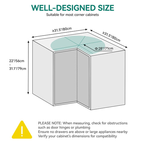 Diagram showing dimensions for 28 Inch Kidney Shaped Chrome Pie Cut Lazy Susan Corner Organizer For Kitchen Base Cabinets