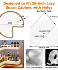 Diagram and images of a 2 Pack 26 Inch Lazy Susan Shelf Liner with upgraded composite materials, showcasing fit and material details.
