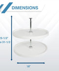 28 Inch Full Round Polymer Lazy Susan Cabinet Organizer in white with 360 degree rotation, showing two shelves and dimensions.