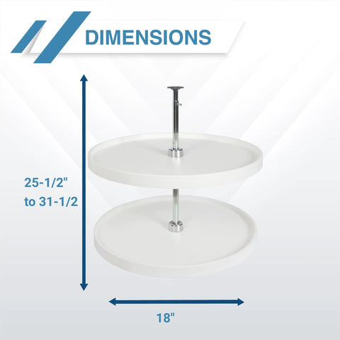 28 Inch Full Round Polymer Lazy Susan Cabinet Organizer in white with 360 degree rotation, showing two shelves and dimensions.