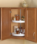 28 Inch Full Round Polymer Lazy Susan Cabinet Organizer in white installed in a corner cabinet with jars and bottles on shelves