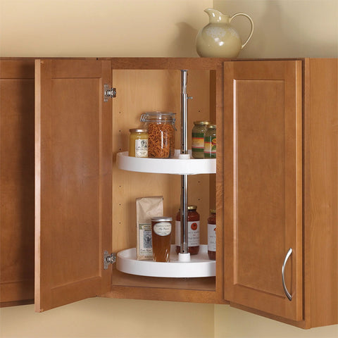 28 Inch Full Round Polymer Lazy Susan Cabinet Organizer in white installed in a corner cabinet with jars and bottles on shelves