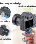 Camera on 28mm Metal Panorama Ball Head For Tripod With Arca Type Quick Release Plate, showing two-way lock design and anti-touch effect.
