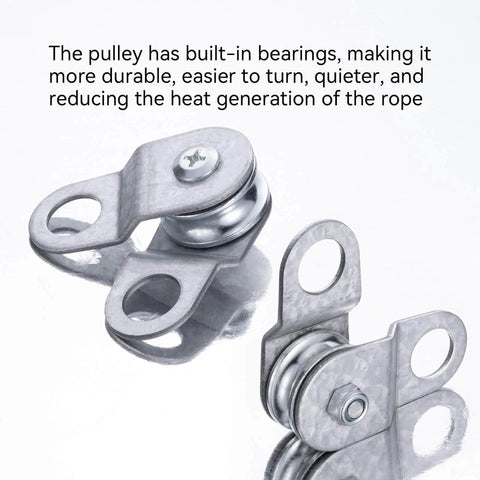 Two 28mm cable pulley wheels with ball bearing, smooth no noise, small snatch block for 0.23 in wire rope, shown in silver finish.