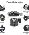 Ball Head Mount for Rifle Tripods with Arca Swiss Plate, 28mm sphere, 360 Rotation, locking knobs, and spirit level shown in diagram.