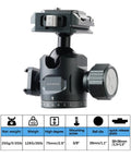 28mm Metal Panorama Ball Head For Tripod With Arca Type Quick Release Plate and 360 Degree Rotation shown in side view