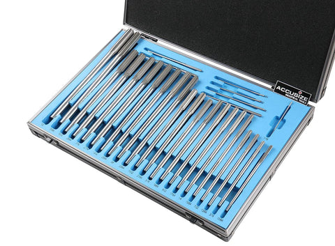 Accusize Industrial Tools 29 Pc Set 1/16 to 1/2 inch by 1/64 in HSS M2 Premium Chucking Reamers, Straight Flute, Aluminum Case, 5528-SF00