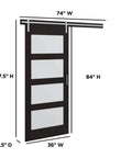 36 Inch Contemporary Sliding Barn Door With Frosted Glass Panels For Modern Rooms And Tight Spaces with dimensions.