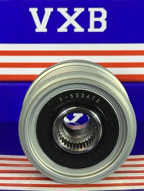 F‑553470 / 535001210 Alternator Freewheel Pulley 6 Rib 61 mm OD on a display background.