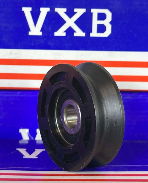 10mm Bore Bearing - 50mm Round Pulley V-Groove Track Roller Bearing 10x50x16mm, black V-groove roller with visible steel ball bearing