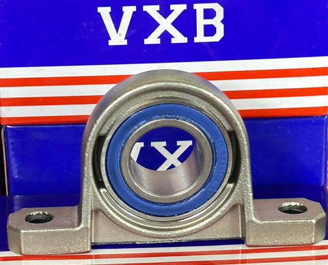 25mm Bore Miniature Stainless Steel Pillow Block Mounted Bearing with blue seal and VXB branding.