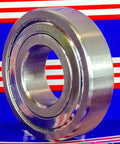 S6308ZZ Food Grade Stainless Steel Ball Bearing, side view against blue and red background