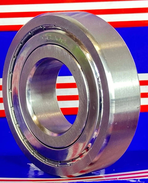 S6308ZZ Food Grade Stainless Steel Ball Bearing, side view against blue and red background