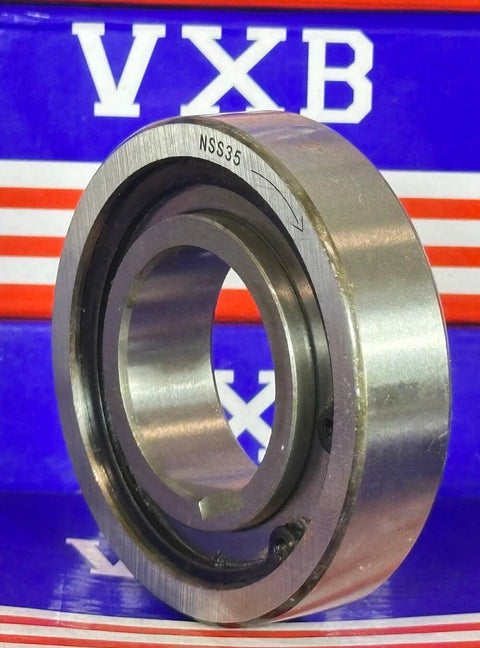 NSS35 One-Way 35x72x17 Bearing Support Required Backstop Clutch standing on a blue and red VXB branded box