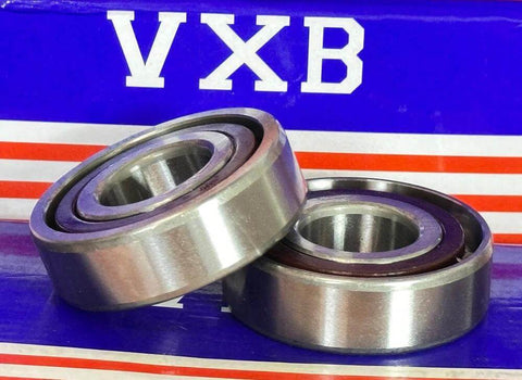 Close-up of 2-Pack Angular Contact Bearings 7204B 20x47x14mm made of Chrome Steel, showcasing front view on branded packaging background.