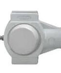 Front view of 1/2 in (12.7 mm) Stainless Steel Set-Screw Take-Up Unit with White Polymer Washdown Cover for conveyor use.