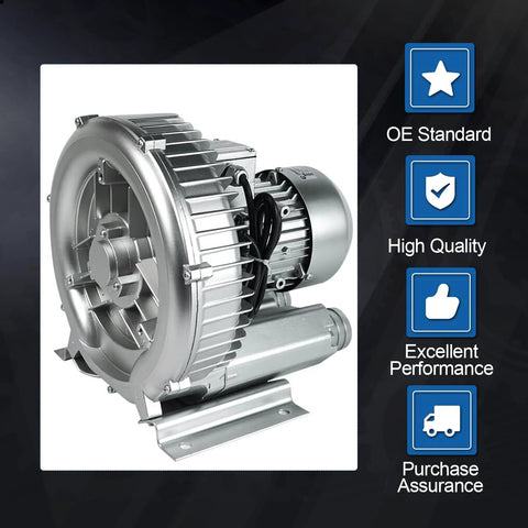 Efficient 2 HP oil-free regenerative blower delivers 150 CFM at 110-120V, shown in side view with metal finish and base.