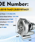 Efficient regenerative blower delivers powerful 150 CFM airflow with a 2 inch BSP connection, 1.75 kW motor at 110-120V