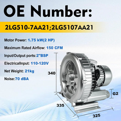 Efficient regenerative blower delivers powerful 150 CFM airflow with a 2 inch BSP connection, 1.75 kW motor at 110-120V