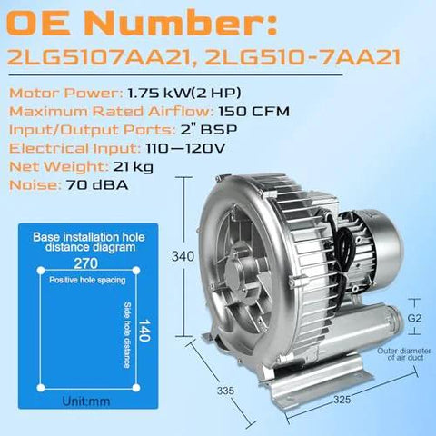 2HP Regenerative Blower 110 To 120 Volts High Pressure Industrial Vacuum Pump 1.75 Kilowatts 150 CFM For Air Blowing Sewage Aeration Aquarium Fish Pond Applications Replacement Part 2LG5107AA21 shown with specifications and dimensions