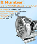2HP Regenerative Blower 110 To 120 Volts High Pressure Industrial Vacuum Pump 1.75 Kilowatts 150 CFM side view