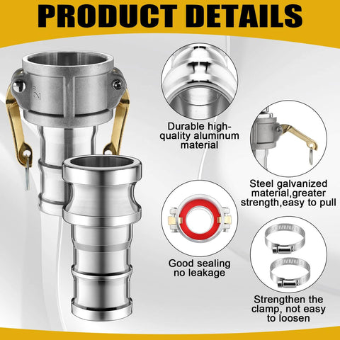 Workhorse All In One 2 Inch Camlock Fittings Kit Type C And E Aluminum Cam And Groove Hose Fittings with Female Coupling, Male Adapter, Gasket, and Hose Clamps for Industrial Use