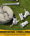 Workhorse All In One 2 Inch Camlock Fittings Kit Type C And E Aluminum Cam And Groove Hose Fittings Set displayed with hose components
