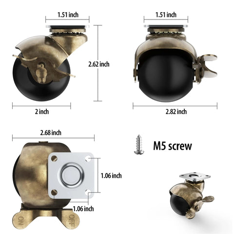 Diagram showing dimensions of 2 Inch Antique Brass Ball Casters Vintage Swivel Plate Caster Wheels with Brake Set of 4.