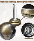 Two Inch Ball Caster Wheels Set Of Four With Five Sixteenth By One And One Half Inch Metal Sockets Antique Gold Finish Polyurethane Wheels For Quiet Rolling Replacement For Sofa Chair And Cabinet Furniture DIY Repair close-up of wheel with metal socket and bearing.