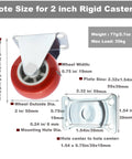 2 Inch Rigid Plate Caster Wheels No Swivel For Furniture And Workbenches, Hard Rubber Wheels, 6 Pack with dimensions