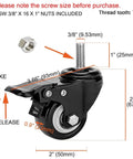 2 Inch Heavy Duty Swivel Stem Casters Set Of 4 With Double Locking Brakes, 600 Lb Capacity, 3/8-16x1 Threaded Stem, Black, side view