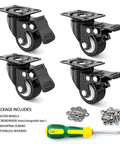 2 Inch Heavy Duty Swivel Caster Wheels Set of 4 with Brake, Dual Locking Swivel Plate Castors, Quiet Polyurethane PU Wheels, includes mounting hardware
