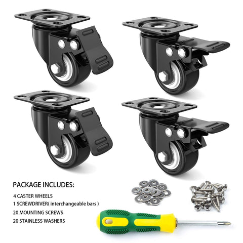 2 Inch Heavy Duty Swivel Caster Wheels Set of 4 with Brake, Dual Locking Swivel Plate Castors, Quiet Polyurethane PU Wheels, includes mounting hardware