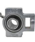 Front view of single 2 in ID wide slot take up housing with sealed ball insert, nickel plated cast iron, set screw locking, relubricatable contact seal.