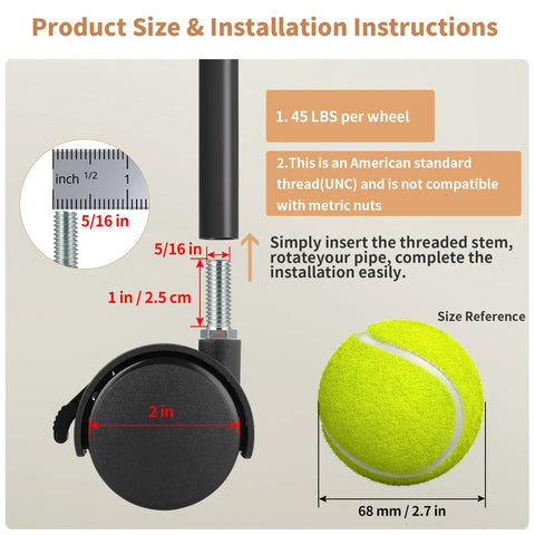 2 Inch Nylon Caster Wheels With Brake, 5/16-18 Threaded Stem UNC Coarse Thread shown with installation guide and tennis ball for size reference