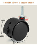 2 Inch Nylon Caster Wheels With Brake, 5/16-18 Threaded Stem UNC Coarse Thread shown with swivel and brake features