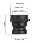 Poly Cam Latch Fittings 4 Pack Type A Standard Couplings Plastic Quick Disconnect Adapters 2 Inch Male To 2 Inch Female Thread Durable Polypropylene Construction Suitable For Fluid Transfer Industrial And Agricultural Use, front view with dimensions