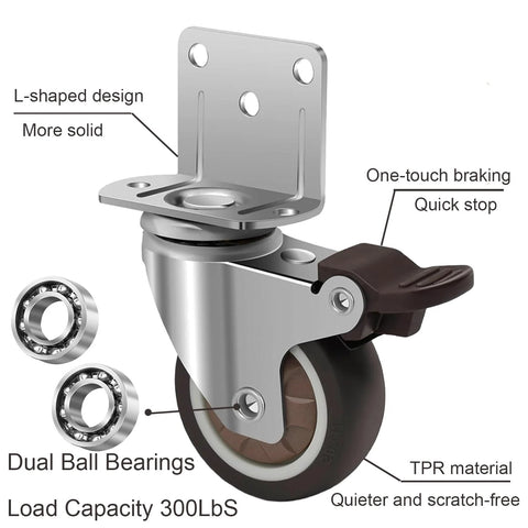 2 Inch Side Mount Caster Wheels Set Of 4 For Furniture And Cribs Rubber TPR Silent Swivel Castors with brake and bearings