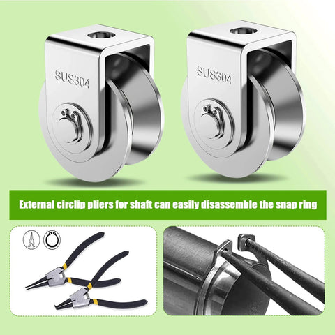 2Pack Pulley Block U 304 Stainless Steel Pulley Roller, 2 Inch Heavy Duty Duplex Bearing Silent Grooved Wheel Loading 880lb/400Kg, shown with pliers for installation.