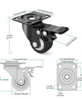 Diagram of 2 Inch Heavy Duty Swivel Caster Wheels Set of 4 with Brake, showing dimensions and dual locking swivel plate castors design.