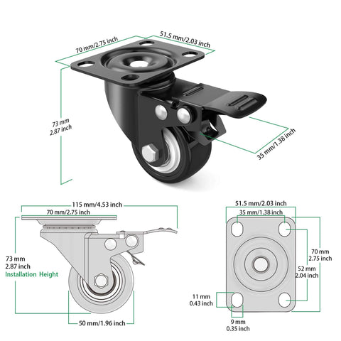 Diagram of 2 Inch Heavy Duty Swivel Caster Wheels Set of 4 with Brake, showing dimensions and dual locking swivel plate castors design.