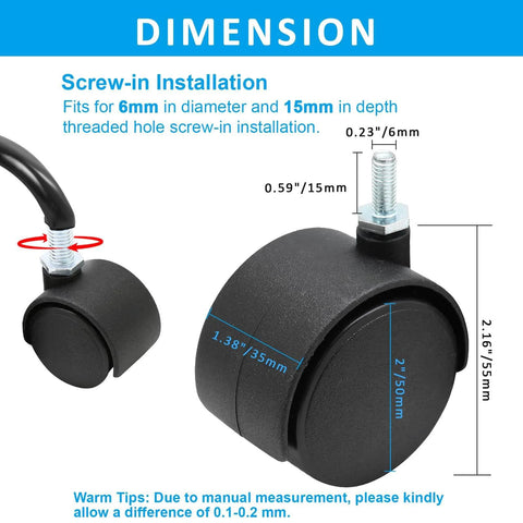 Diagram showing dimensions of 4pcs 2 Inch Swivel Caster Wheels with M6 Threaded Stem Heavy Duty Black Nylon Replacement Casters.