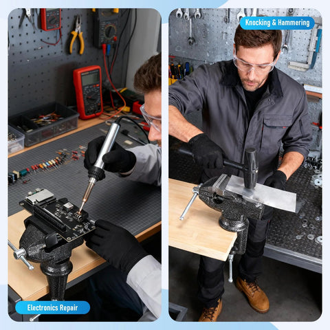 2 Inch Table Vise With Anvil And Swivel Base in use for electronics repair and metalworking on workbench