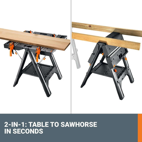 Pegasus 2 In 1 Folding Work Table And Sawhorse Portable Workbench With Clamps WX051 demonstrating table to sawhorse conversion