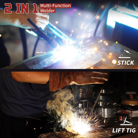 Image of 2-in-1 Multi-Function Welder showing Stick and Lift TIG welding with bright sparks, related to 110V 135A MMA Arc Welder With Digital Display And Overheat Protection Hot Start Quick Connector Portable Mini Stick Welder For Home DIY Includes Gloves And 20 Rods.