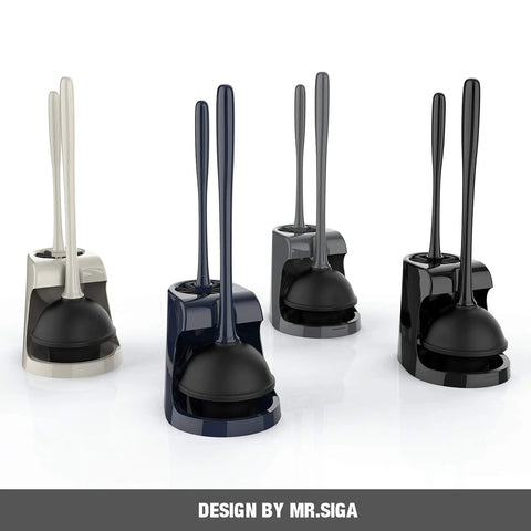 2 In 1 Toilet Plunger And Bowl Brush Set With Dual Compartment Stand Black, White, Blue, Bathroom Cleaning Kit, Space Saving Design