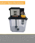 Front view of 2L 110V Automatic Lubrication Pump With Dual Digital Display Gear Oiler For CNC Machines showcasing product specifications