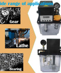 2L Automatic Lubricating Oil Pump 220V Lubrication Oiler with Pressure Testing shown with applications for lathe, gear, and bearing.