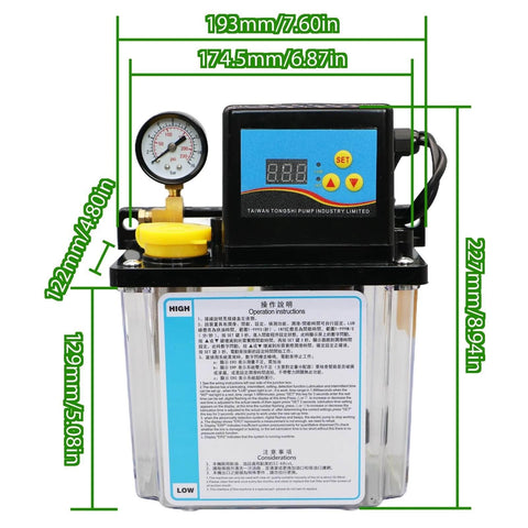 Front view of 2L Lubricant Pump For CNC Machine Tool Automatic Oil Lubrication System Kit AC 110V And 220V 4mm And 6mm Connectors
