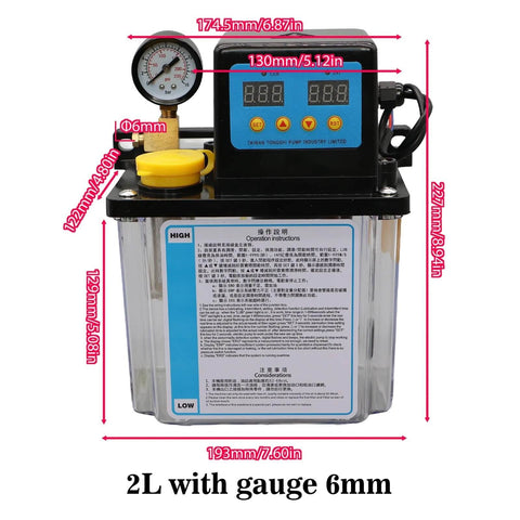 2L CNC Lubrication Pump System Kit with gauge, 6mm fittings, and flow controls visible, AC220V AC110V for CNC machine tools.